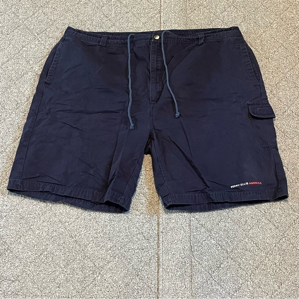 Vintage Perry Ellis America Cargo Shorts Mens 48 Navy Blue Classic Outdoor